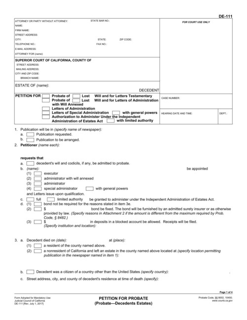 Preview of California DE-111: Petition for Probate