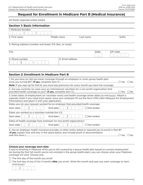 Preview of CMS-40B: Application for Enrollment in Medicare Part B