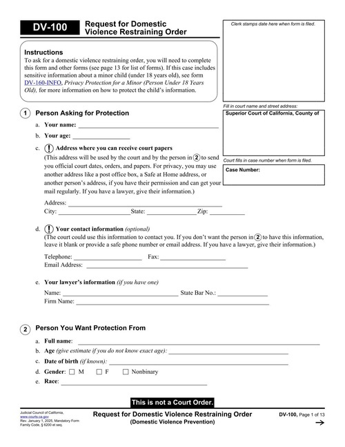 Preview of California DV-100: Request for Domestic Violence Restraining Order