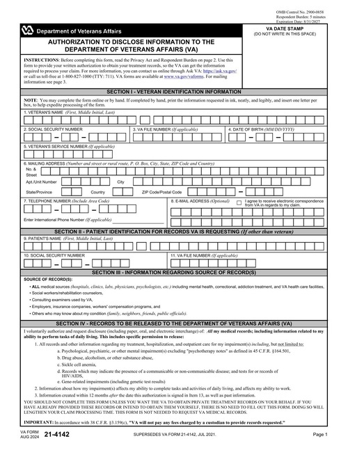Preview of VA Form 21-4142 and 21-4142a: Authorization to Disclose Information to the VA