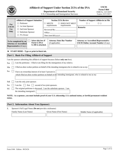 Preview of USCIS Form I-864: Affidavit of Support