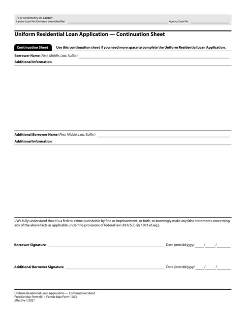 Preview of Uniform Residential Loan Application: Continuation Sheet (Fannie Mae Form 1003)