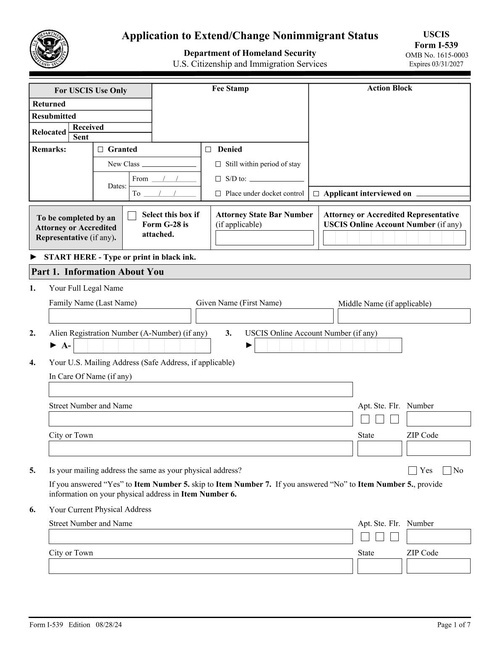 Preview of USCIS Form I-539: Application to Extend/Change Nonimmigrant Status