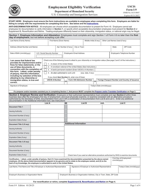 Preview of Form I-9: Employment Eligibility Verification (Section 1)