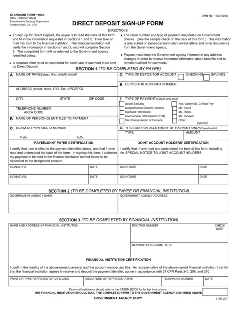 Preview of SF 1199A: Direct Deposit Sign-Up Form