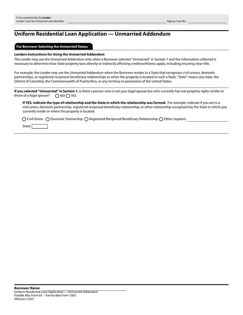 Preview of Uniform Residential Loan Application: Unmarried Addendum (Fannie Mae Form 1003)