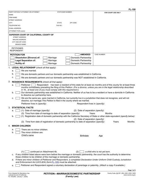Preview of California FL-100: Petition for Dissolution of Marriage or Domestic Partnership