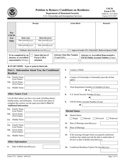 Preview of USCIS Form I-751: Petition to Remove Conditions on Residence