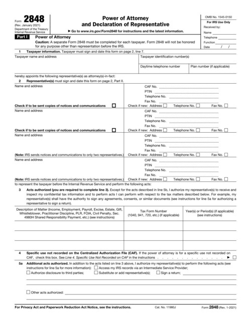Preview of IRS Form 2848: Power of Attorney and Declaration of Representative