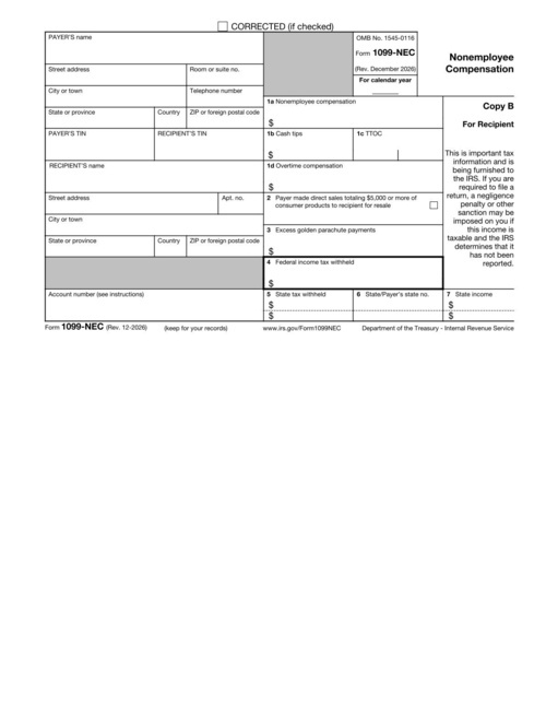 Preview of IRS Form 1099-NEC: Nonemployee Compensation (Copy B)