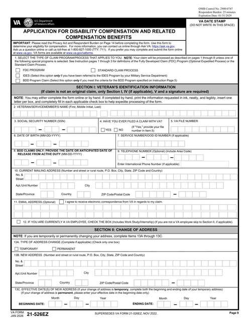 Preview of VA Form 21-526EZ: Application for Disability Compensation and Related Compensation Benefits