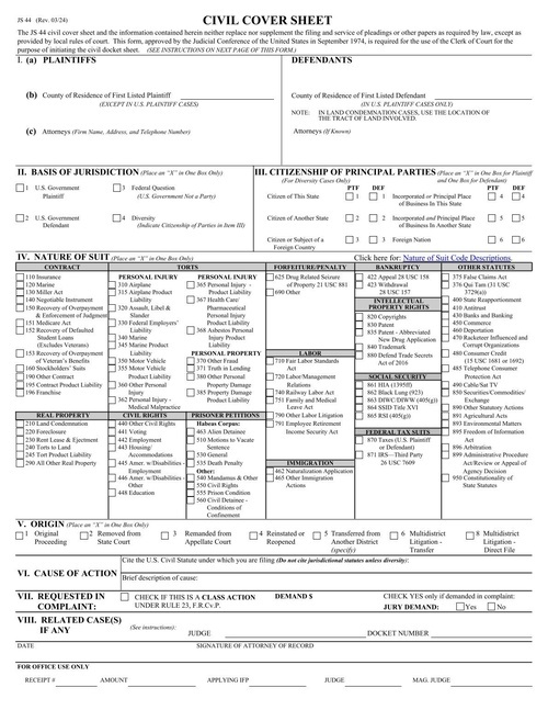 Preview of JS 44: Civil Cover Sheet